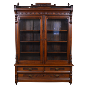 SOLD Antique Victorian Walnut Step Back Drawer Double Door Carved Bookcase
