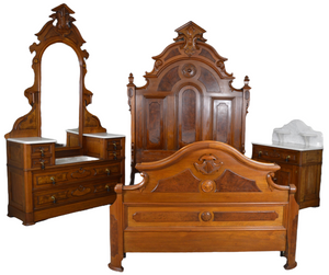 SOLD Antique Victorian Burl Walnut Three Piece Marble Top Bedroom Set