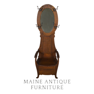 SOLD Antique Victorian Tiger Oak Hall Tree with Oval Beveled Mirror – 1890s