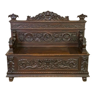 Antique Gothic Revival Carved Beech & Pine Figural Hall Bench #22463