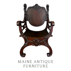 Antique Carved Mahogany Saddle Arm Chair – Lion Head Details – 1890s # 22495