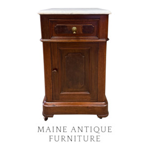 Victorian Burl Walnut Marble Top Half Commode – 1880s Antique Cabinet #22518