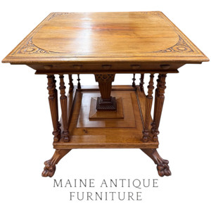 Victorian Carved Square Center Table  w/ Claw Feet, Lower Shelf #22532