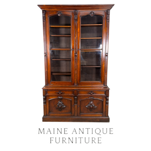 Victorian Carved Step Back Bookcase – Black Walnut – Glass Door Cupboard #22143