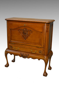 SOLD Oak Carved Chippendale Style Bar Cabinet
