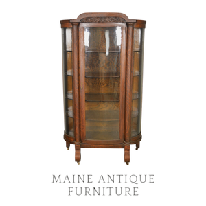 SOLD Victorian Carved Tiger Oak China Closet, Curved Glass, Early 1900s