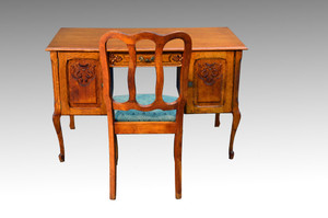 SOLD Carved Oak Flat Top Desk with Chair