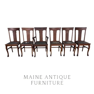 Antique Dining Chairs, Set of 6, Oak, T Back, Claw Foot #22638