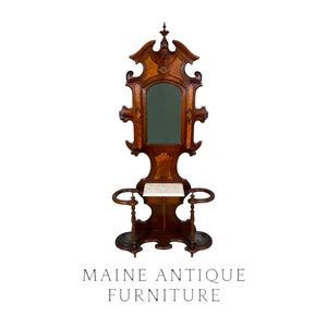 Antique Hall Tree, Mirror, Umbrella Holder, Burl Walnut, Marble Top #22668