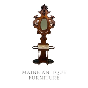 Antique Hall Tree w/ Umbrella Stand + Mirror, Walnut, Marble Top #22535