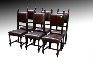 SOLD Set of 6 Jacobean Leather Seat Dining Chairs