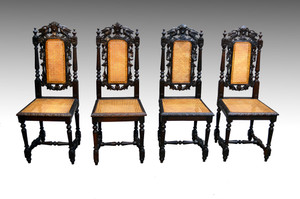 SOLD Antique Set of 4 Oak Carved Chairs with Birds