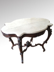 SOLD Victorian Rococo Carved Rosewood Marble Top Parlor Table