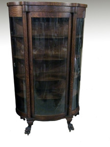 SOLD Antique Oak Triple Curved Glass Claw Foot China Cabinet