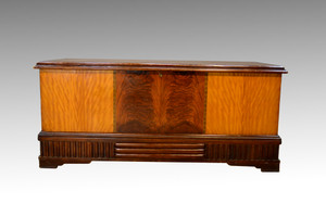 SOLD Art Deco Multi-Veneer Inlaid Cedar Chest by Roos