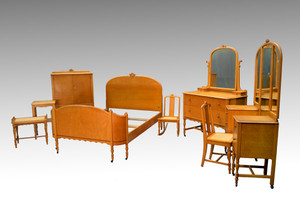 SOLD Eight Piece Inlaid Bird's Eye Maple Bedroom Suite