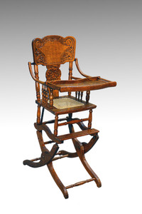 SOLD Antique Victorian Oak Press Back Rocker Collapsible High Chair
