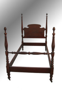 SOLD Antique Acanthus Carved Pencil Post Twin Size Mahogany Bed