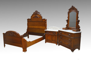 SOLD Antique 3 Three Piece Walnut Victorian Marble Top Bedroom Set