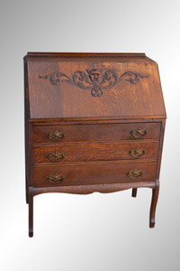 SOLD Antique Victorian Oak Slant Top Desk with Lion Face Carving