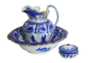 SOLD Antique Flow Blue Bowl and Pitcher Set with Soap Dish
