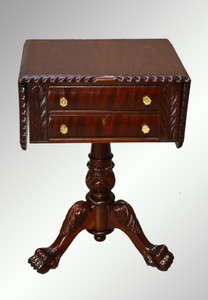 SOLD Antique Mahogany Empire Acanthus Carved Drop Leaf Two Drawer Sewing Stand