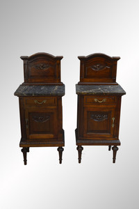 SOLD Pair of French Walnut Marble Top Bedside Stands- High Quality