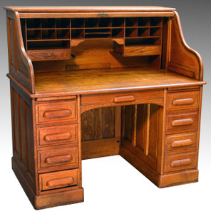 SOLD Antique Victorian Oak Raised Panel Lawyers Bankers Roll Top Desk