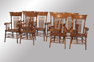 SOLD Antique Rare set of 8 Matching Oak Press Back Arm Chairs