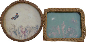 SOLD Two Antique Wicker Glass Trays with Butterflies