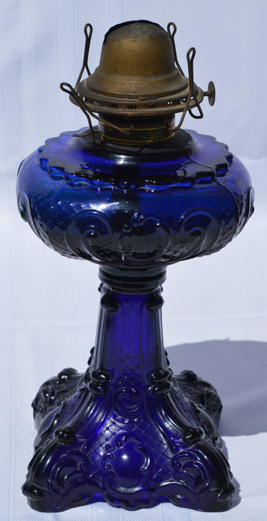 SOLD Antique Blue Stemmed Filigree Pedestal Oil Lamp – Rare