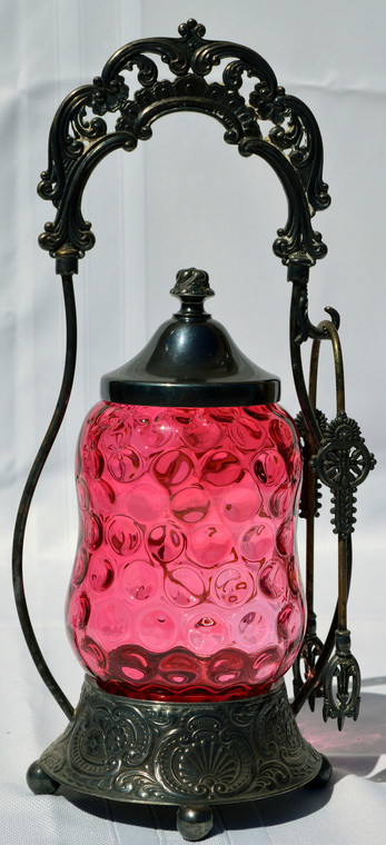 SOLD Victorian Cranberry Pickle Castor with Tongs
