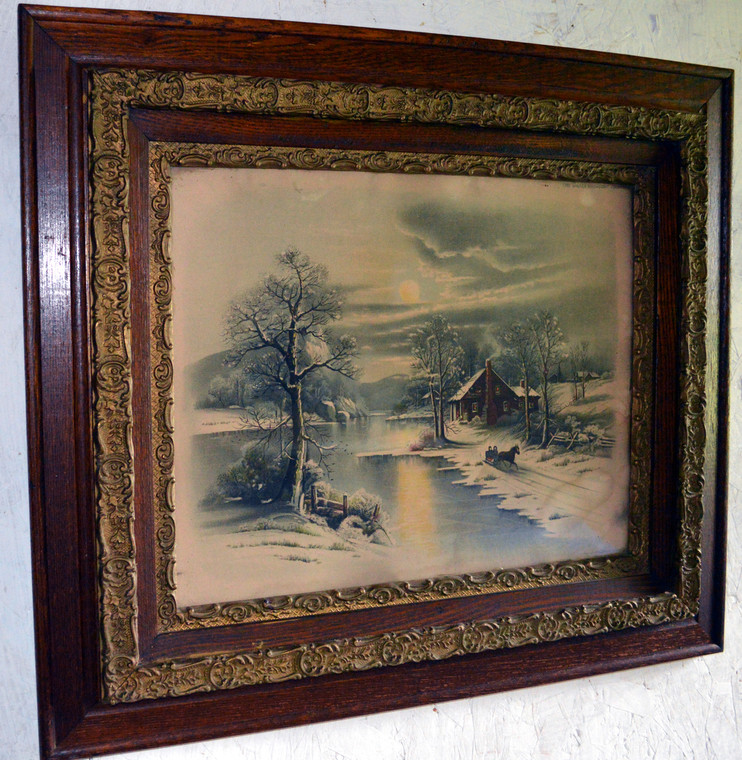 SOLD Victorian Oak Carved Picture Frame w/ Winter Moonlight Scene