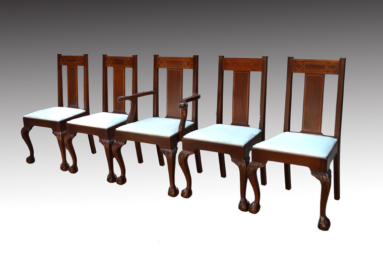 SOLD  Set of Five Formal Mahogany Inlaid Dining Chairs