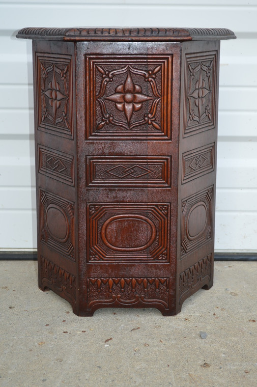 SOLD Unusual Six Sided Carved Mahogany Plant Stand