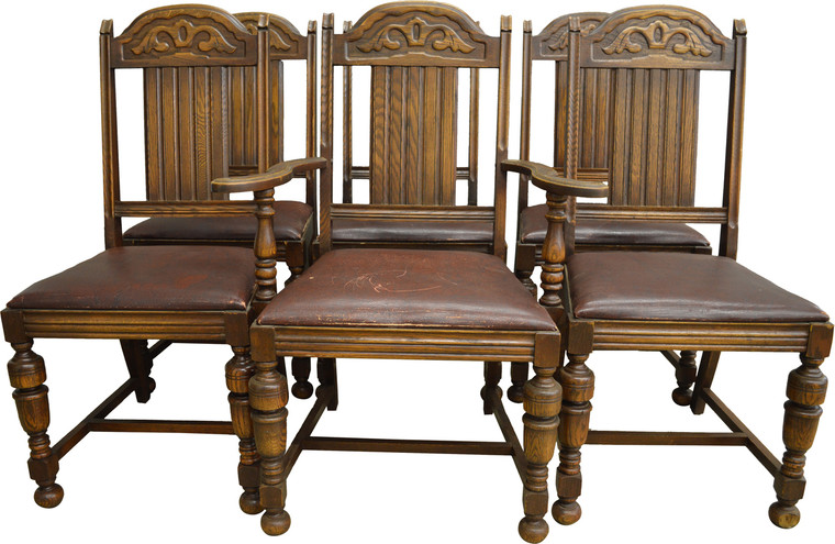 SOLD Antique Set of 6 Oak Carved Dining Chairs