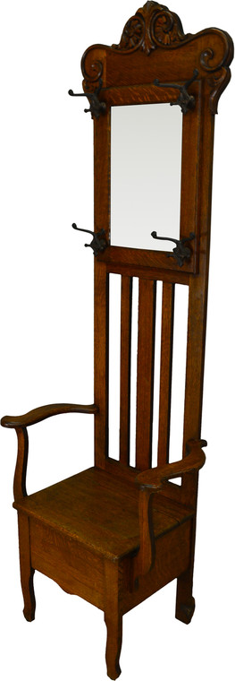 SOLD Oak Carved Lift Seat Hall Tree