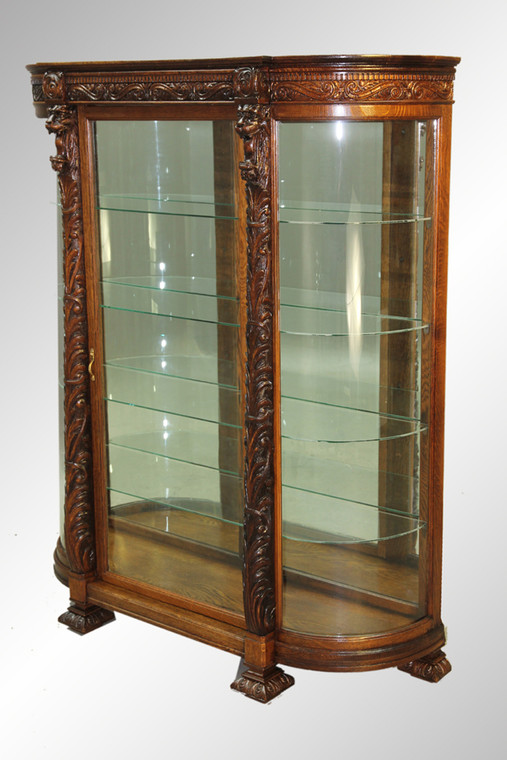 SOLD Antique Monumental Lion-Headed Acanthus Carved Oak China Cabinet REDUCED PRICE!!