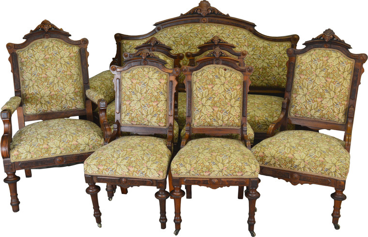 SOLD 7pc Burl Walnut Victorian Carved Parlor Set