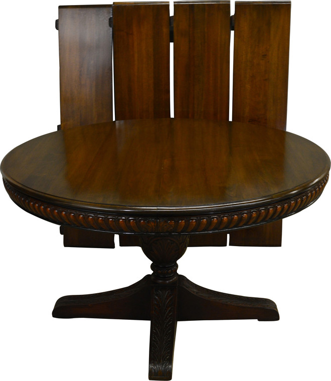 SOLD Antique Mahogany Round Carved 54” Dining Table w/4 Leaves