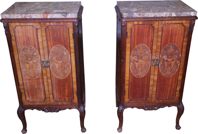 SOLD Pair of Marble Top French Inlaid End Tables