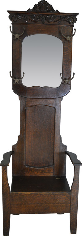 SOLD Oak Bevel Glass Hall Tree with Lift Seat