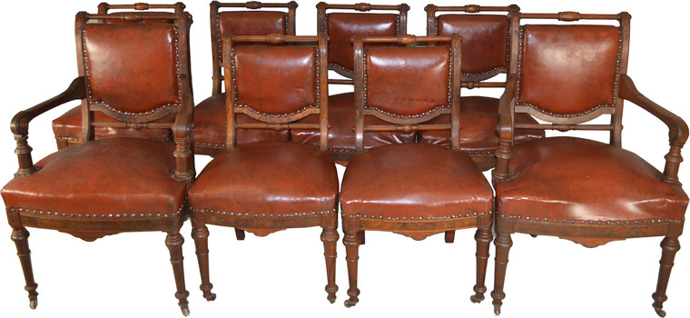 SOLD Rare Victorian Set of 8 Burl Walnut Dining Chairs – Twin Arms