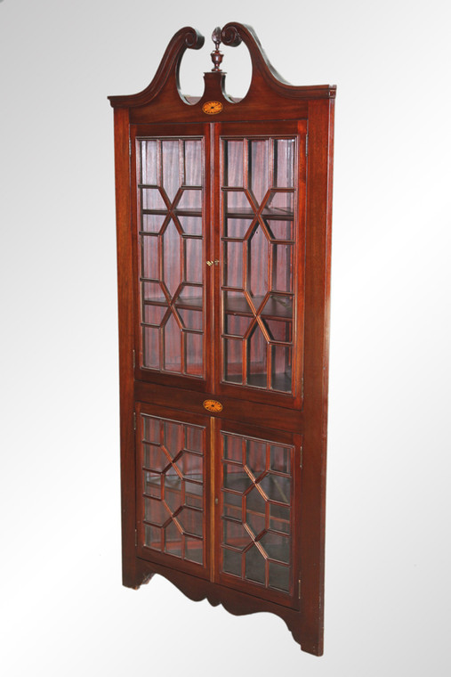 SOLD Antique Mahogany Inlaid Custom Corner China Closet