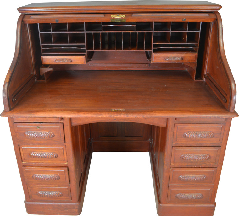 SOLD Mahogany Raised Panel Roll Top Desk Carved Pulls