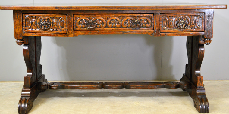 SOLD Large Carved Oak Library Writing Table with Drawers