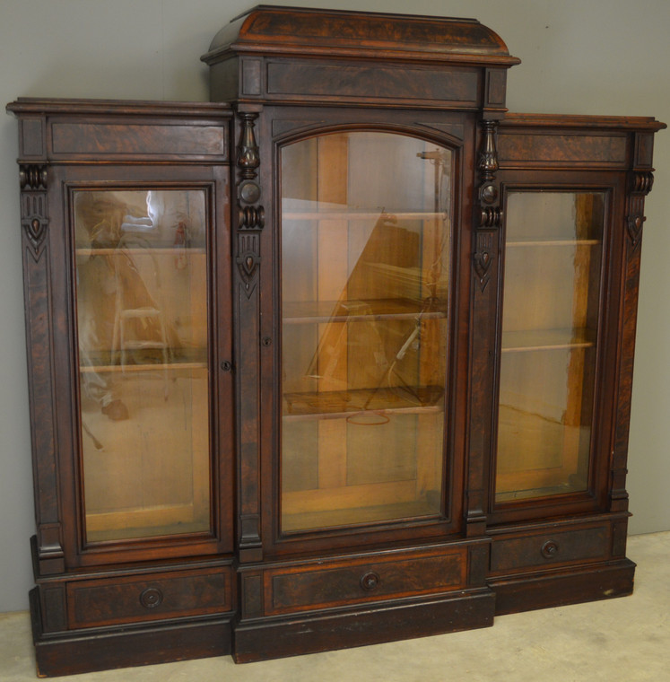 SOLD Victorian Triple Door Burl Walnut Bookcase