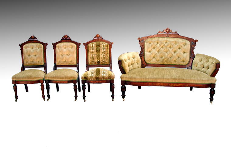 SOLD Antique Four Piece Victorian Burl Walnut Parlor Suite