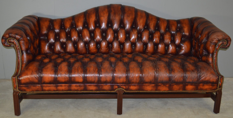 SOLD Leather Tufted Chippendale Camel Back Sofa