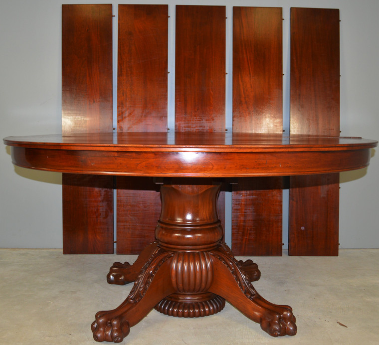 SOLD Mahogany Round 60 Inch Banquet Dining Table – 5 Leaves – 10 Feet long!!